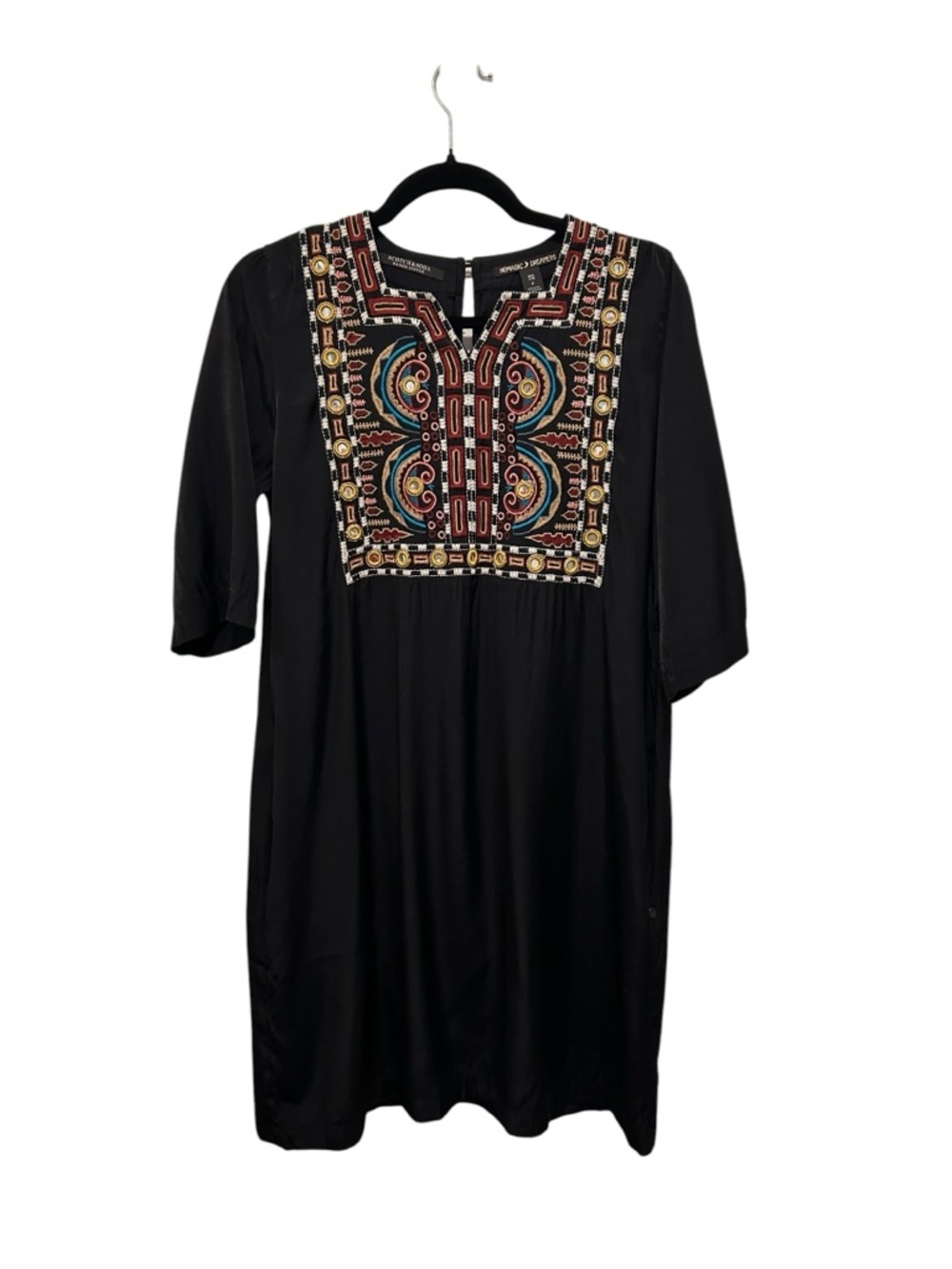 Scotch & Soda X Nomadic Dreamers Embroidered Boho Shift Dress PS/M Black Aztec